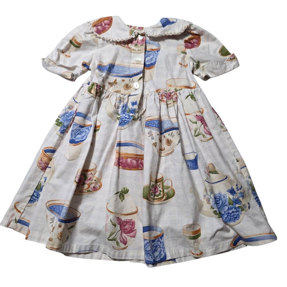 Vintage 90s Chicken Noodle Dress Girls 4T Tea Cup Cottagecore USA
